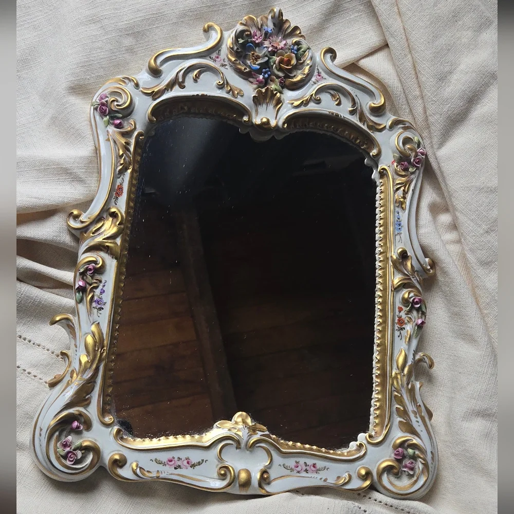 Elegant  Vinyage Gold and White Ornate Ceramic Mirror